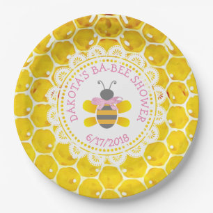 Personalised Honey and Bee Baby Shower Pink Bow Paper Plate