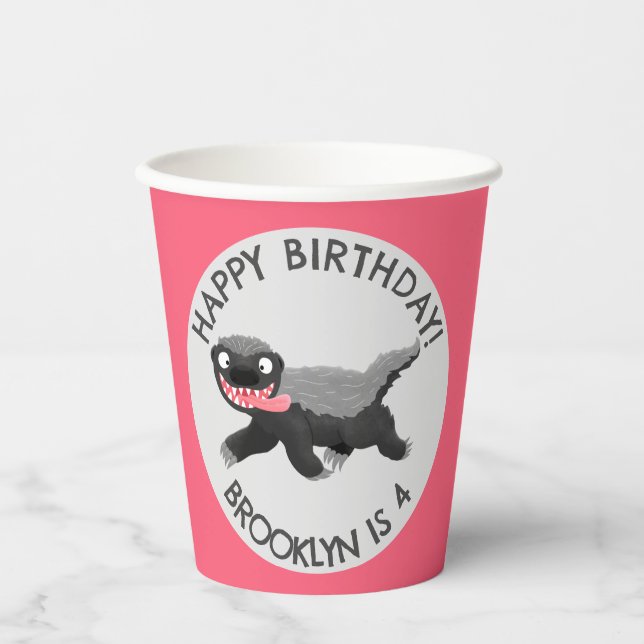 Personalised honey badger cartoon birthday paper cups (Front)