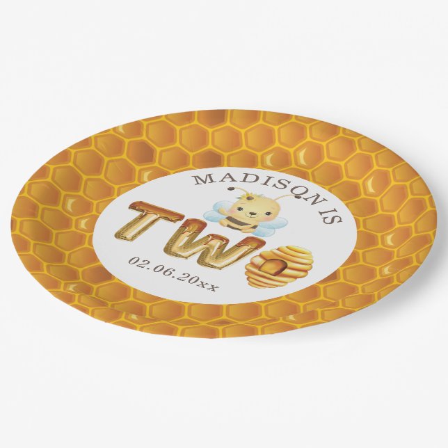 Personalised Honey Bee Second Birthday Paper Plate (Angled)