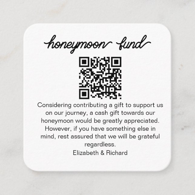 Personalised Honeymoon Fund QR Wedding Registry Enclosure Card (Front)