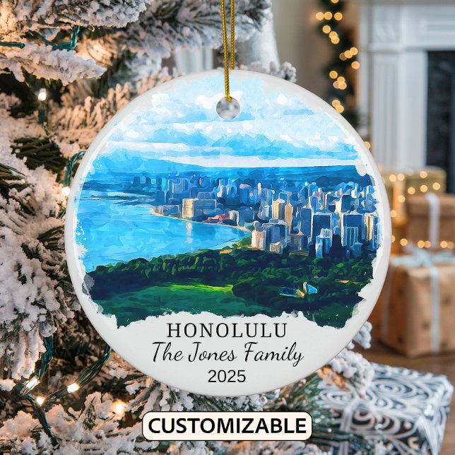 Personalised Honolulu Ornament, Hawaii Gift Ceramic Tree Decoration (Creator Uploaded)