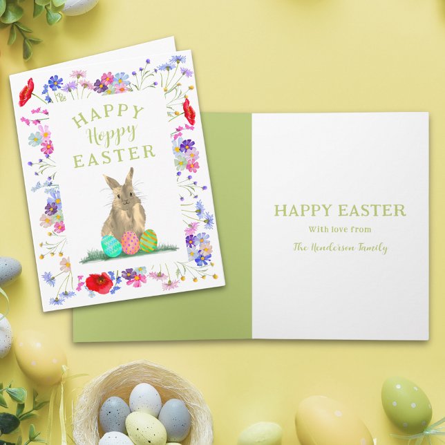 Personalised Hoppy Easter Cute Bunny Boho Floral Card (Personalized happy hoppy Easter cute bunny watercolor wildflower spring floral folded holiday card)