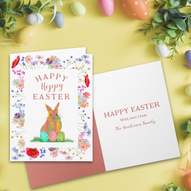 Personalised Hoppy Easter Cute Bunny Floral Card (Personalized happy hoppy Easter cute bunny watercolor colorful spring floral folded greetings card)