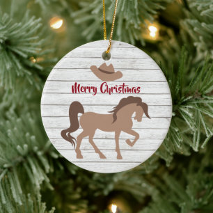 Personalised Horse and Cowboy Hat Merry Christmas Ceramic Tree Decoration