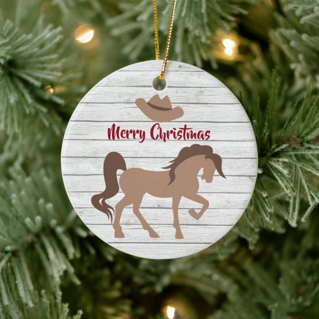 Personalised Horse and Cowboy Hat Merry Christmas Ceramic Tree Decoration (Tree)