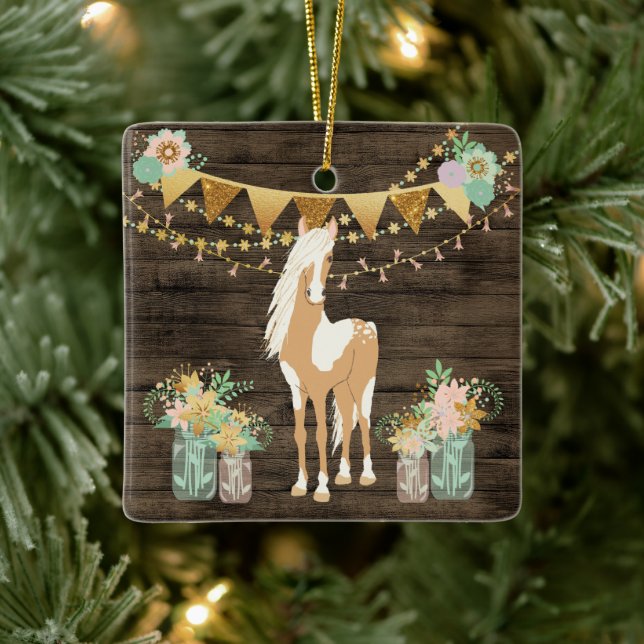 Personalised Horse and Flowers Rustic Christmas Ceramic Ornament (Tree)