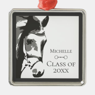 Personalised Horse and Snaffle Bit Grey Graduation Metal Tree Decoration