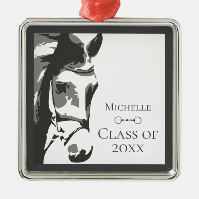 Personalised Horse and Snaffle Bit Grey Graduation Metal Tree Decoration (Front)