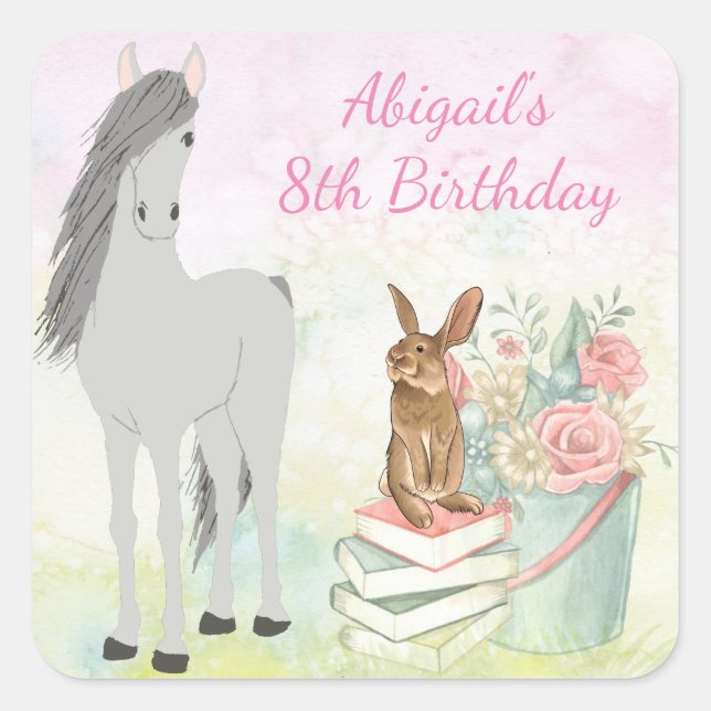 Personalised Horse, Bunny and Flowers Birthday Square Sticker (Front)