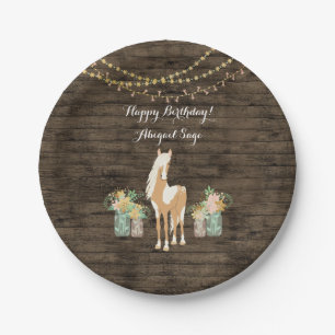 Personalised Horse, Flowers Rustic Wood Birthday Paper Plate