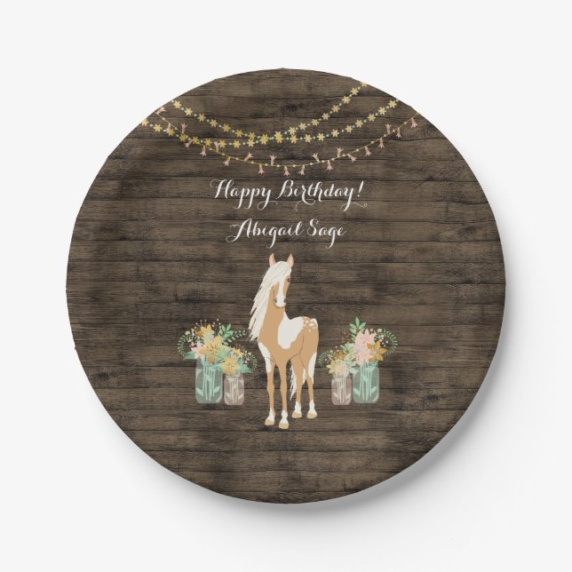 Personalised Horse, Flowers Rustic Wood Birthday Paper Plate (Front)