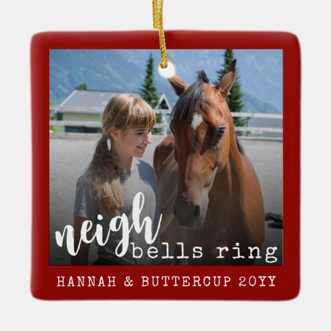Personalised Horse Photo Cute Neigh Bells Ring Ceramic Ornament (Front)