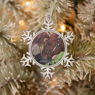 Personalised Horse Photo Name and Year Snowflake Pewter Christmas Ornament