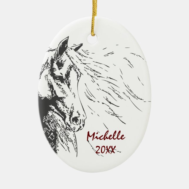 Personalised Horse Sketch Christmas Ceramic Tree Decoration (Front)