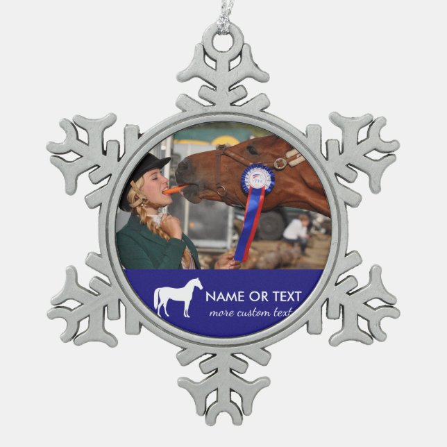 Personalised Horseback Riding Photo Equestrian Snowflake Pewter Christmas Ornament (Front)