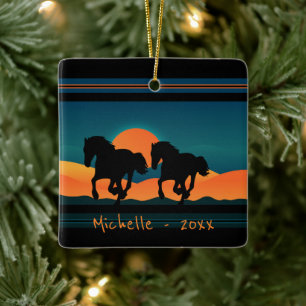Personalised Horses Mountain Sunset Christmas Ceramic Ornament