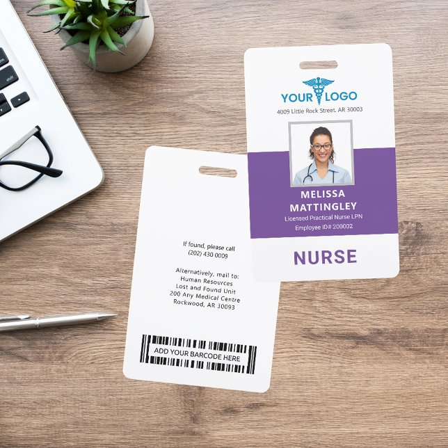 Personalised Hospital Employee Logo and Photo ID ID Badge (Nurse Photo Purple ID Card with Barcode)