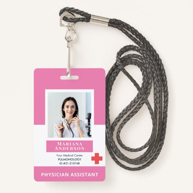 Personalised Hospital Employee Logo & Photo Pink ID Badge (Front with Lanyard)