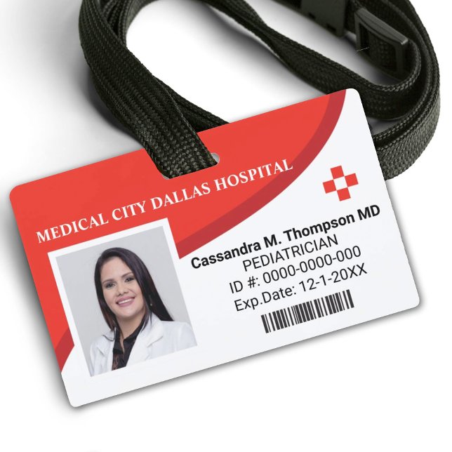 Personalised Hospital Employee Photo ID Badge (A modern red and white hospital employee badge, Personalize it with your info.)