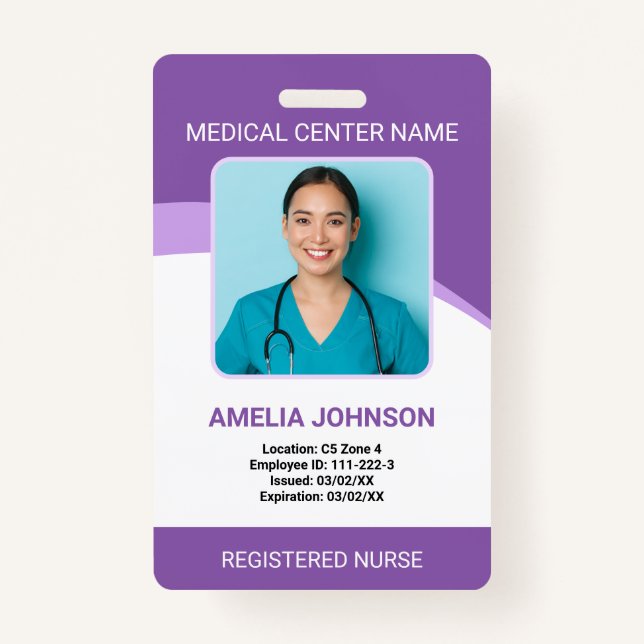 Personalised Hospital Employee Photo ID Purple ID Badge (Front)