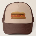 Personalised Hot Dog Hat<br><div class="desc">A hat featuring an illustration of a plain hotdog in a bun.  Personalise with your name in yellow as mustard.  Hat pictured in tan and brown,  but can be purchased in other colours.  Look for matching items at Jill's Paperie.</div>