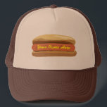 Personalised Hot Dog Hat<br><div class="desc">A hat featuring an illustration of a plain hotdog in a bun.  Personalise with your name in yellow as mustard.  Hat pictured in tan and brown,  but can be purchased in other colours.  Look for matching items at Jill's Paperie.</div>