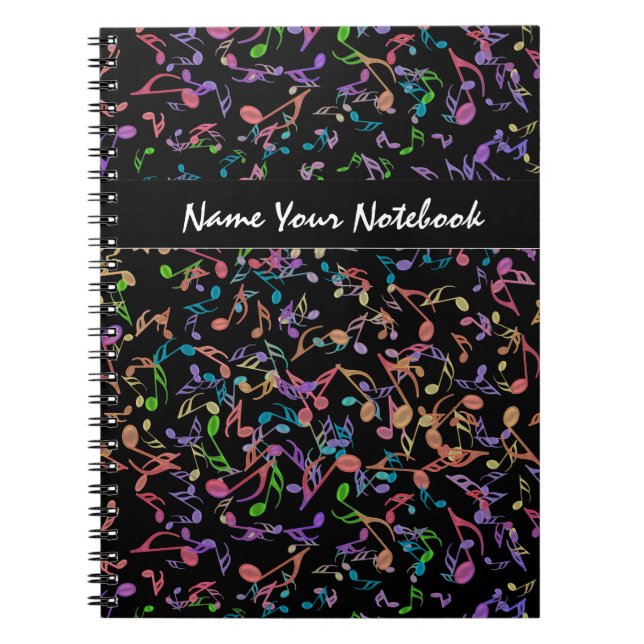 Personalised Hot Music Notes on Black Notebook (Front)