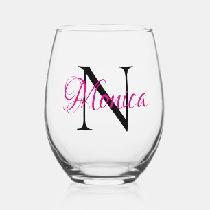 Personalised Hot Pink and Black Monogram Stemless Wine Glass