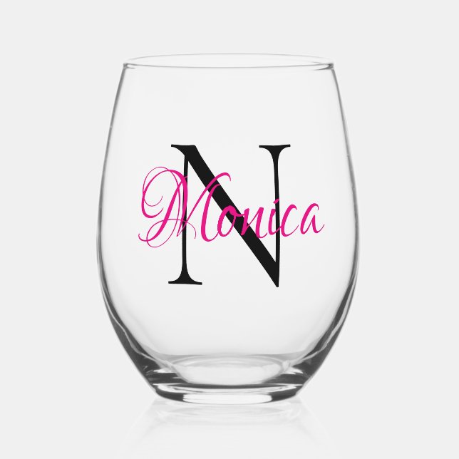 Personalised Hot Pink and Black Monogram Stemless Wine Glass (Front)