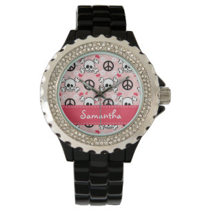 Personalised Hot Pink and Black Skull Watch