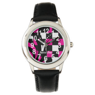 Personalised Hot Pink, Black and White Abstract Watch