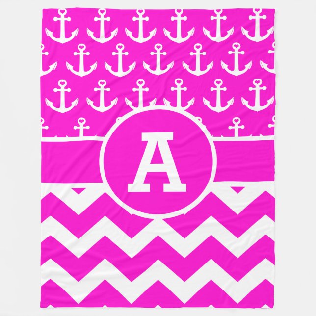 Personalised Hot Pink Chevron Anchors Pattern Fleece Blanket (Front)
