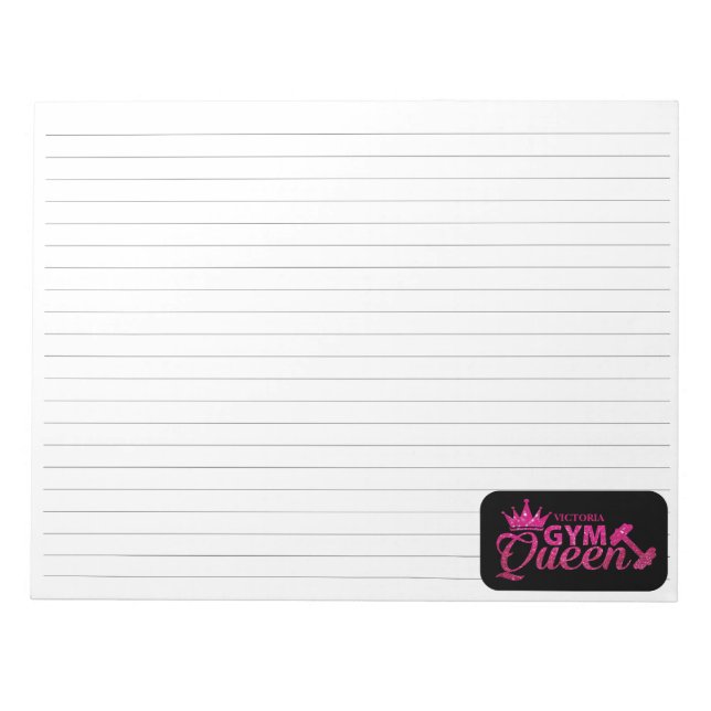 Personalised hot pink faux glitter gym queen lined notepad (Front)