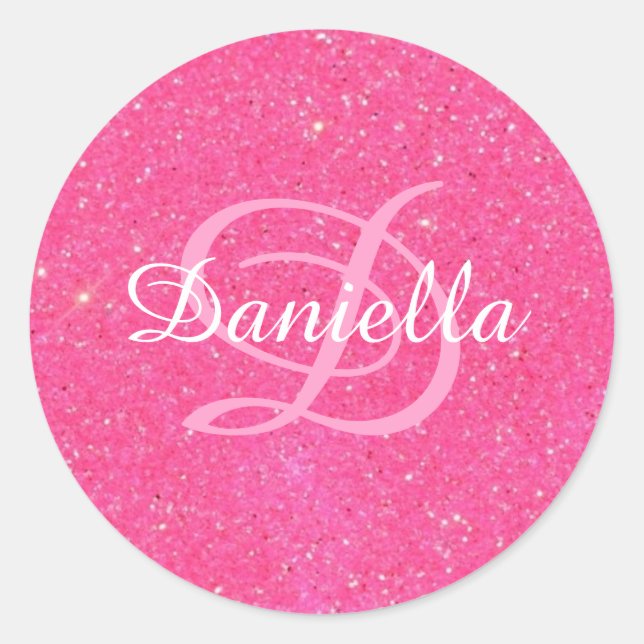 Personalised Hot Pink Faux Glitter Monogram Classic Round Sticker (Front)