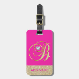 Personalised Hot Pink Gold Monogram Letter B Luggage Tag