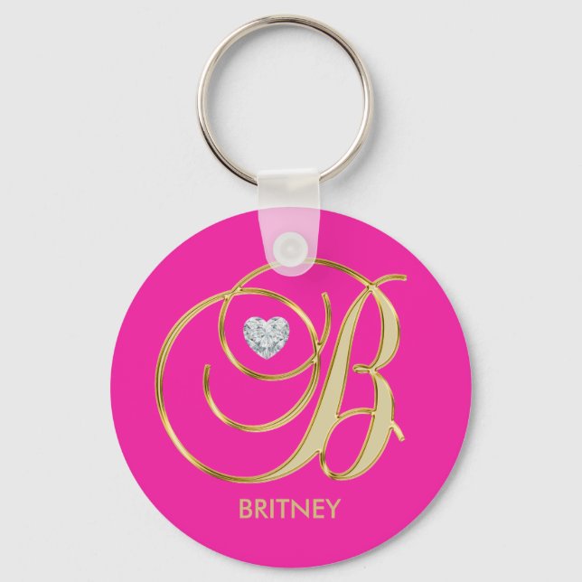 Personalised Hot Pink Gold Monogrammed Letter B Key Ring (Front)