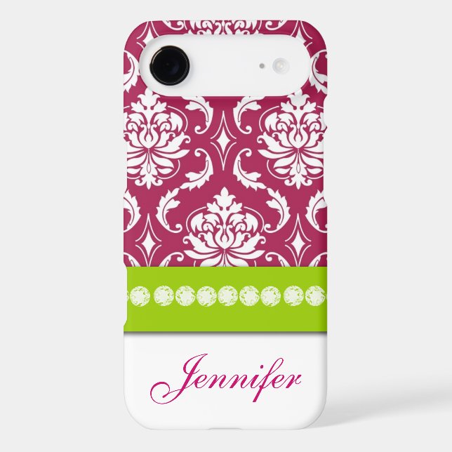 Personalised Hot Pink Green White Damask Case-Mate iPhone Case (Back)