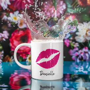 Personalised Hot Pink Lipstick Kiss Print Coffee Mug