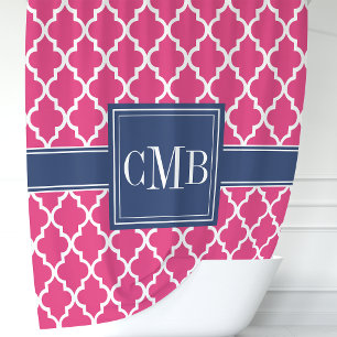 Personalised Hot Pink Navy Moroccan Monogram Shower Curtain
