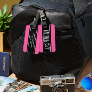 Personalised hot pink striped travel luggage tag