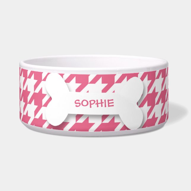 Personalised houndstooth dog bone pet food bowl (Front)