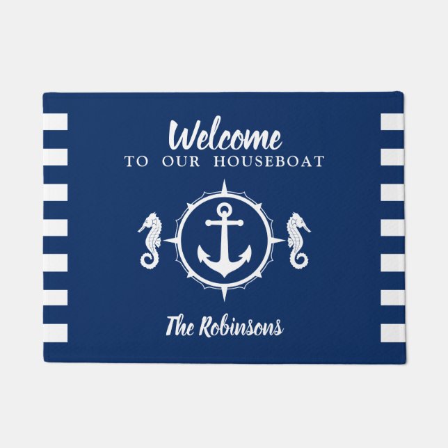 Personalised Houseboat With Seahorse Anchor Doormat (Front)