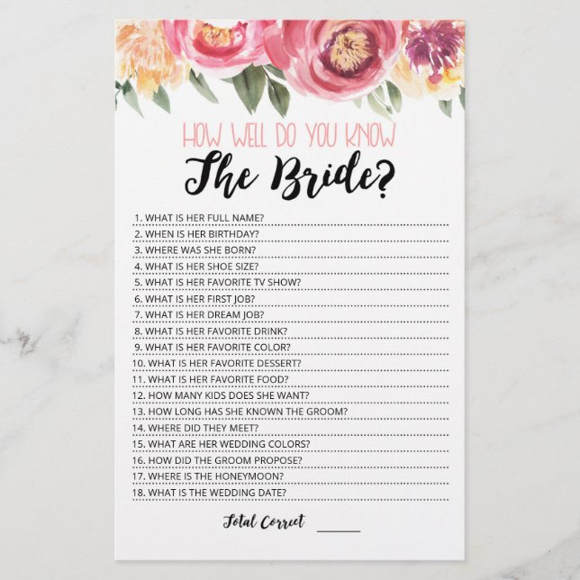 Personalised How well do you know the Bride game (Front)