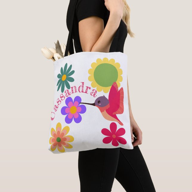 Personalised Hummingbird and Flowers Tote Bag (Close Up)