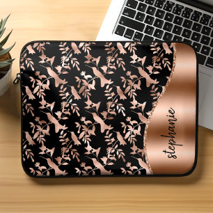 Personalised Hummingbird Pattern Rose Gold Black Laptop Sleeve