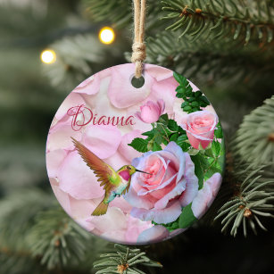 Personalised Hummingbird Pink Roses and Petals Ceramic Tree Decoration