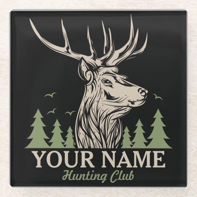 Personalised Hunter Deer Elk Antler Hunting Club  Glass Coaster (Front)