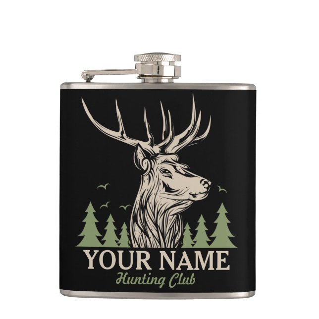 Personalised Hunter Deer Elk Antler Hunting Club Hip Flask (Front)