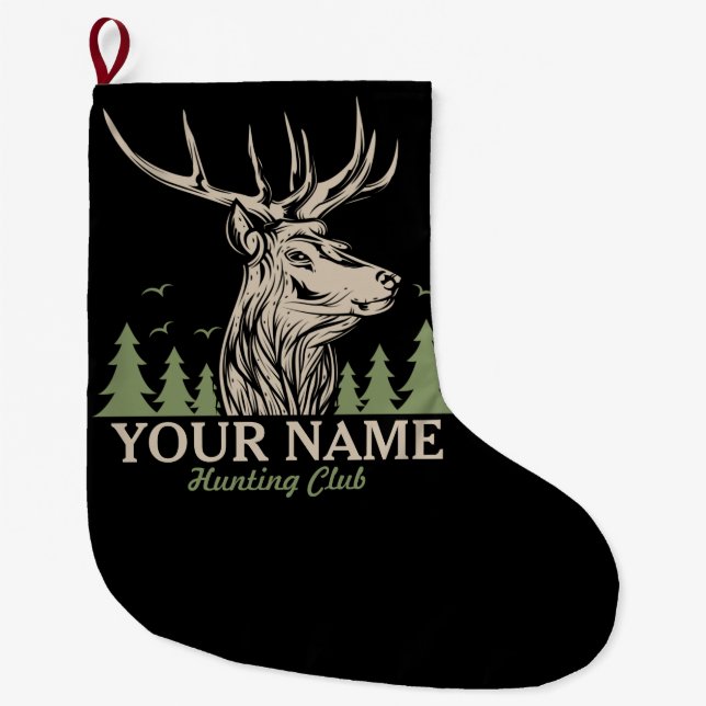 Personalised Hunter Deer Elk Antler Hunting Club  Large Christmas Stocking (Front)