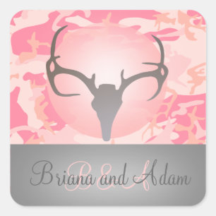 Personalised Hunting Antlers Pink Camo Wedding Square Sticker